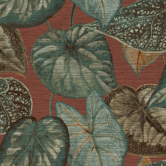 Trópusi leveles mintás rozsdabarna/zöld színű vlies tapéta Tahiti TA25053